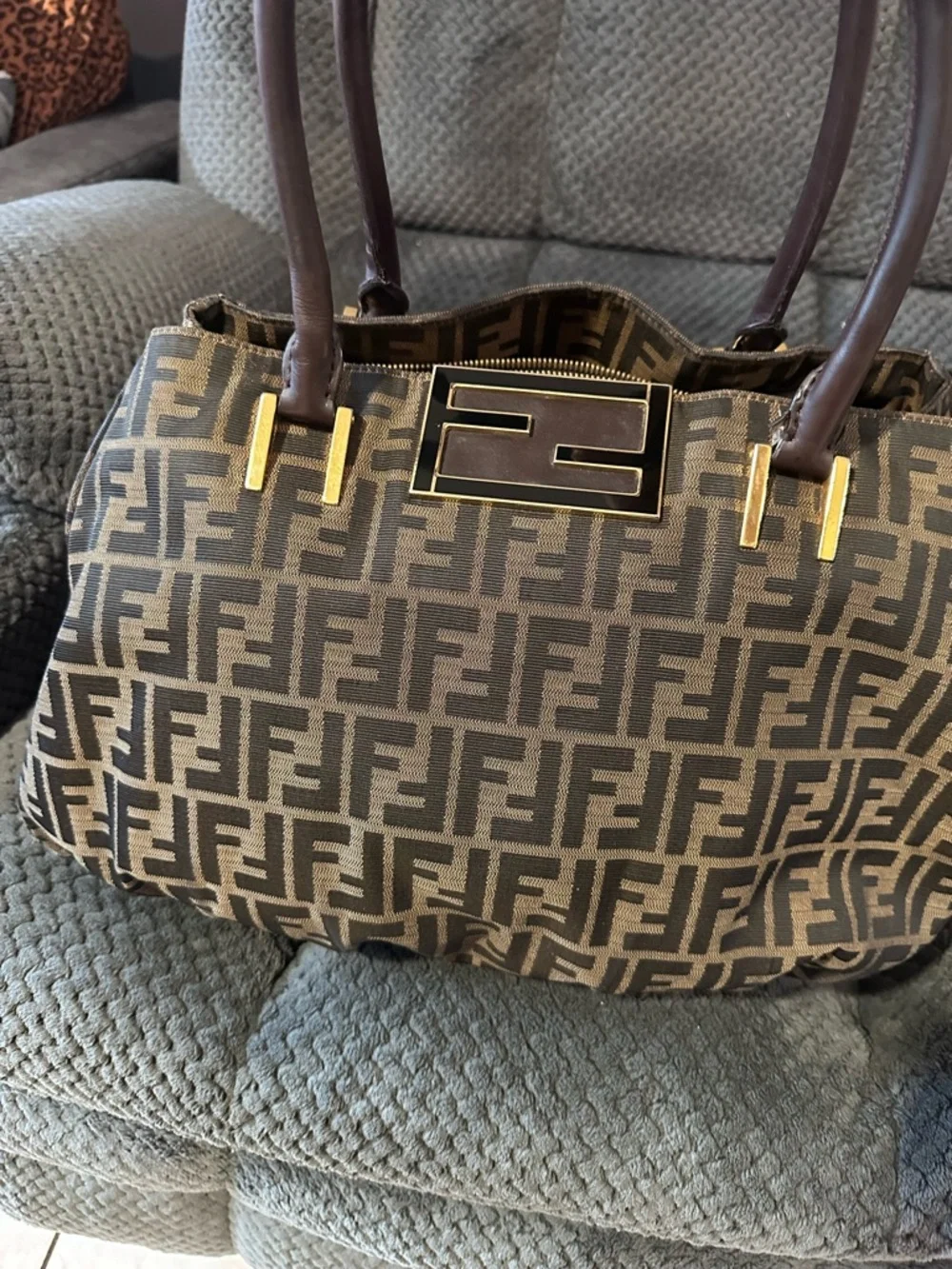 Fendi Brown Zucca Pattern Shoulder Bag with Logo Plaque